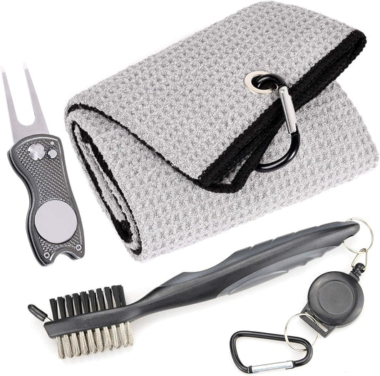 Microfiber Waffle Pattern Golf Towel | Club Groove Cleaner Brush | Foldable Divot Tool with Magnetic Ball Marker